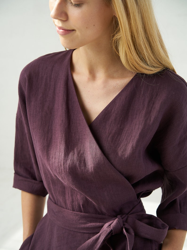Linen Wrap Dress For Women, Burgundy Vintage Kimono Linen Midi Dress With Pockets image 6