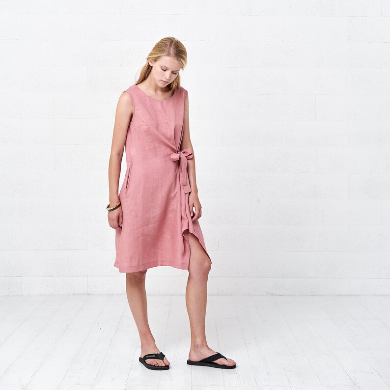 Pink Shift Linen Wrap Dress, Boho Womens Linen Dresses image 6