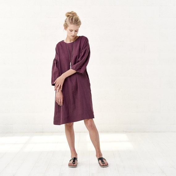 Women's Boho Linen Midi Dress Oversized Burgundy Linen | Etsy