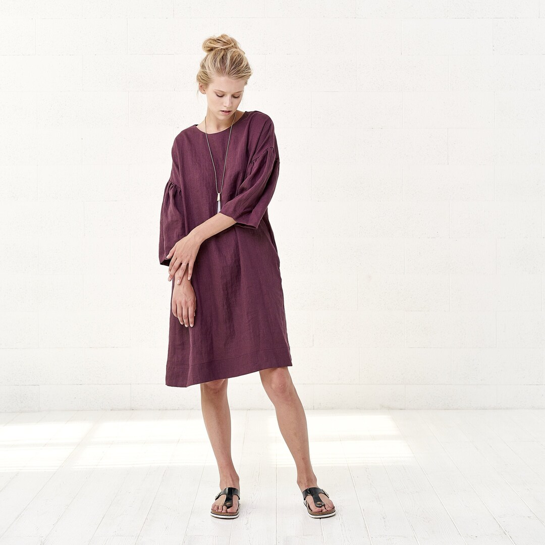 Burgundy Linen Midi Dress With Puff Sleeves Vintage Linen - Etsy
