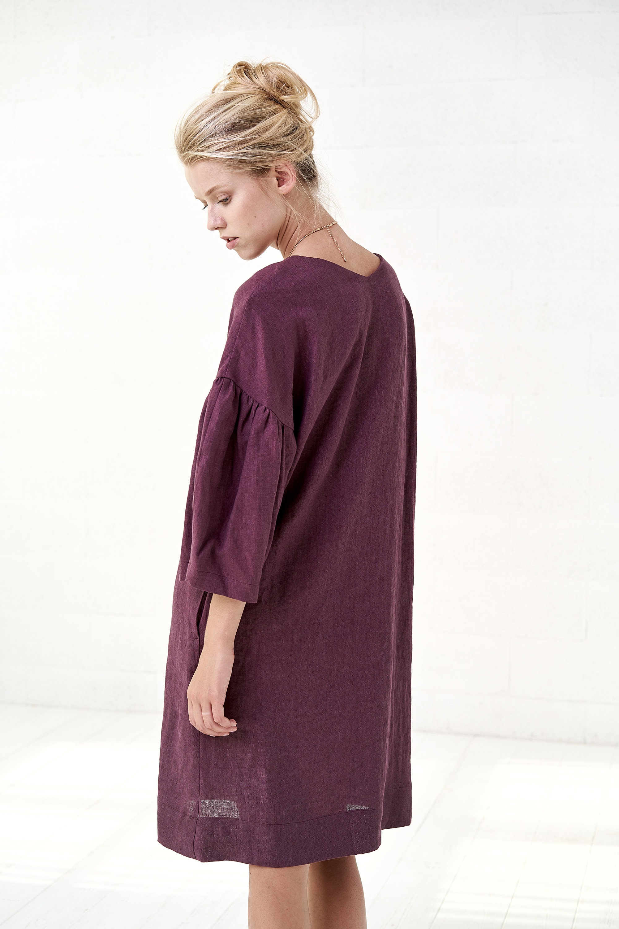 Burgundy Linen Midi Dress With Puff Sleeves Vintage Linen - Etsy UK