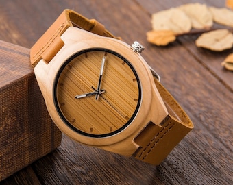 Personalized Maple Wood Watch, Leather Band, Engraved Gift