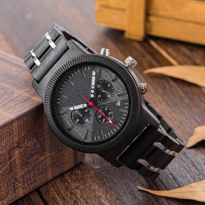Wood Watch for Men Custom Engraved Wooden Watch Chronograph Men&#39;s Wristwatch Christmas Birthday Anniversary Gift for Him Husband Boyfriend