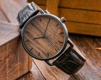 Engraved Wood Watch for Men, Black Leather Band, Personalized Gift