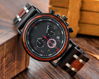 Engraved Wood Watch, Sandalwood Ebony Chronograph, Personalized Gift