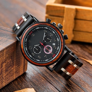 Wood Watch, Engraved Wood Watch, Custom Watch for Men, Personalized Christmas Gift for Husband Boyfriend Dad, Chronograph Watch for Men