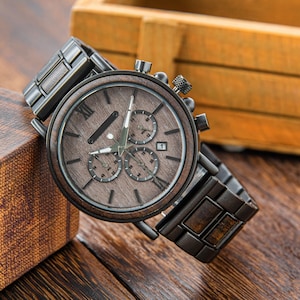 Anniversary Gift, Birthday Gift, Personalized Men's Wood Watch, Chronograph Watch, Personalized Gift for Husband, Dad, Son