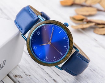 Montre en bois gravé, acier inoxydable, bracelet en cuir