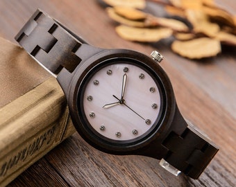 Reloj de madera de ébano grabado, regalo personalizado para ella