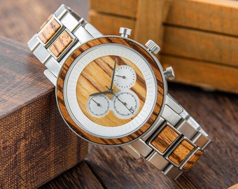 Mens Watch Wooden Wrist Watch Stainless Steel Wood Watch Anniversary Gift for Husband Boyfriend