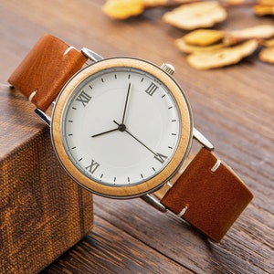 Personalized Watch, Anniversary Gift for Him/Her, Stainless Steel Wood Watch Leather Strap, Anniversary Birthday Gift for Wife Girlfriend