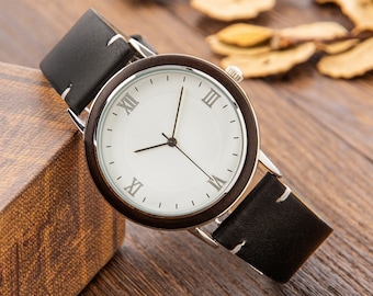 Men's Ebony Wood Watch, Leather Band, Personalized Engraved Gift
