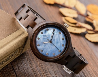 Reloj de madera grabado, reloj personalizado para ella, regalo de cumpleaños de aniversario para esposa, reloj de pulsera de madera analógico de ébano, reloj grabado para mujer