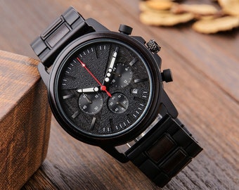 Wood Watch, Custom Watch Engraved, Men's Watch with Chronograph, Engraved Watch for Men, Personalized Christmas Gift for Husband Boyfriend