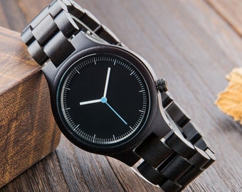 Reloj grabado en madera para hombres, reloj de madera de ébano unisex, reloj personalizado, regalo para el hijo de los padres, regalo de aniversario, conjunto de regalo de pareja