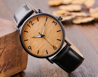 Engraved Wooden Watch for Men, Leather Band, Personalized Anniversary Gift