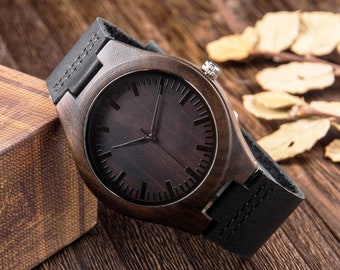Engraved Ebony Wood Watch, Black Leather Strap, Personalized Gift