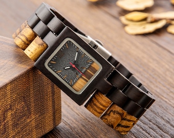 Engraved Ebony Zebra Wood Watch, Personalized Men's Gift