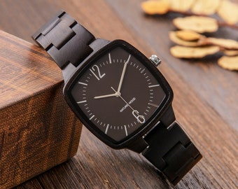 Reloj de madera de ébano grabado, regalo de aniversario para el esposo