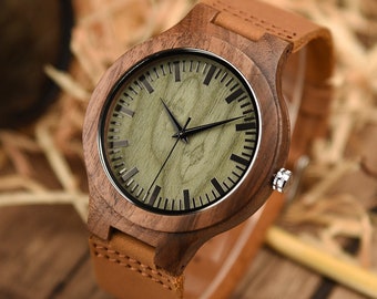 Montre homme en bois en noyer avec bracelet en cuir Anniversaire Cadeau d'anniversaire Cadeau de Noël pour mari Papa Cadeau garçon d'honneur