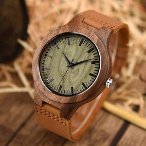 Men&#39;s Wood Watch Walnut Watch Leather Strap Anniversary Birthday Gift Christmas Gift for Husband Dad Groomsmen Gift