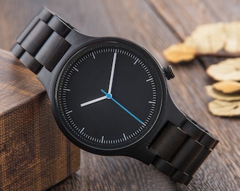 Engraved Ebony Wood Watch, Personalized Anniversary Gift for Him