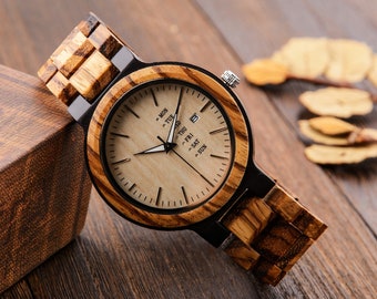Engraved Zebra Wood Watch, Personalized Men's Gift, Week & Date