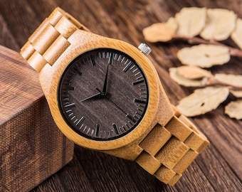 Reloj de madera de bambú, reloj de madera grabado, reloj casual de madera para hombres, regalo del 5o aniversario para el novio del marido, ideas de regalo de Navidad