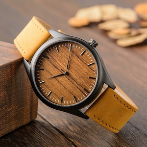 Relógio de madeira masculino, relógio personalizado gravado para ele, presente de aniversário e natal personalizado para pai, marido e filho, mostrador de nogueira, pulseira de couro genuíno