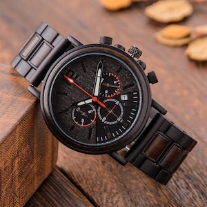 Custom Watch, Wood Watch for Men, Engraved Wood Watch, Personalized Watch, Chronograph Watch, Anniversary Gift for Him, Father&#39;s Day Gift