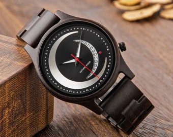 Personalized Ebony Wood Watch, Engraved Wooden Wristwatch, Men's Gift