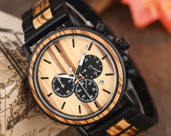 Custom Engraved Wood Watch, Ebony and Alloy Steel Chronograph