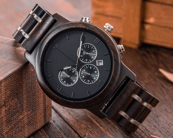 Wood Engraved Watch for Men Chronograph Black Ebony Wrist Watch Birthday Anniversary Gift for Him Personalized Watch Groomsmen Gifts