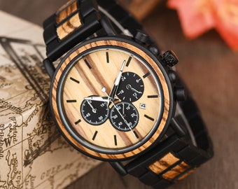 Wood Watch for Men Personalized Men's Watch Anniversary Gift for Husband Boyfriend Birthday Watch for Dad Chronograph Luminous Hand