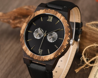 Engraved Wood Watch, Mens Watch, Custom Watch, Ebony Watch with Black Leather Stap, Anniversary Birthday Gift for Him, Date&Week Display