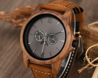 Montre en bois, montre pour homme personnalisée, montre en noyer avec bracelet en cuir, montre d'anniversaire pour lui, phase de lune