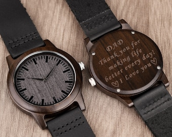 Engraved Ebony Wood Watch, Black Leather Strap, Personalized Gift for Men