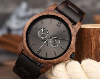 Reloj de madera para hombre, reloj de madera personalizado para hombre, reloj de nogal, regalo de aniversario para él, regalo de cumpleaños para papá, marido, hijo, fase lunar