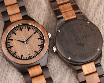 Reloj de madera grabado, regalo de aniversario para él, nogal y ébano.