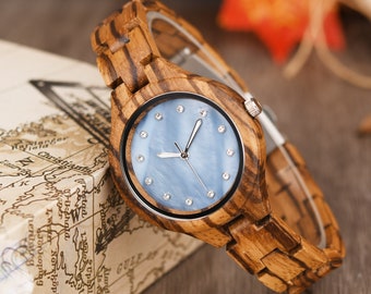 Reloj de madera grabado para mujer Regalo del día de la madre Regalo de aniversario para esposa Reloj de madera personalizado para su reloj de pulsera de madera analógico cebra