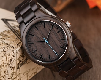 Ebony Wood Watch for Men, Personalized Engraved Band