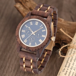 Montre en bois pour homme, cadeau de fête des pères, montre homme personnalisée, cadeau d'anniversaire, phase de lune semaine Date image 1