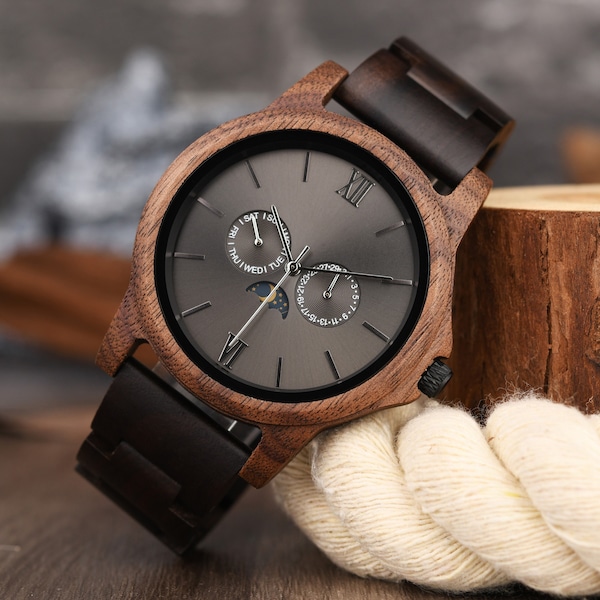 Wood Watch for Men, Personalized Men's Wooden Watch, Walnut Watch, Anniversary Gift for Him, Birthday Gift for Dad Husband Son, Moon Phase