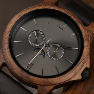 Montre en bois pour homme, cadeau de fête des pères, montre homme personnalisée, cadeau d'anniversaire, phase de lune semaine Date image 2