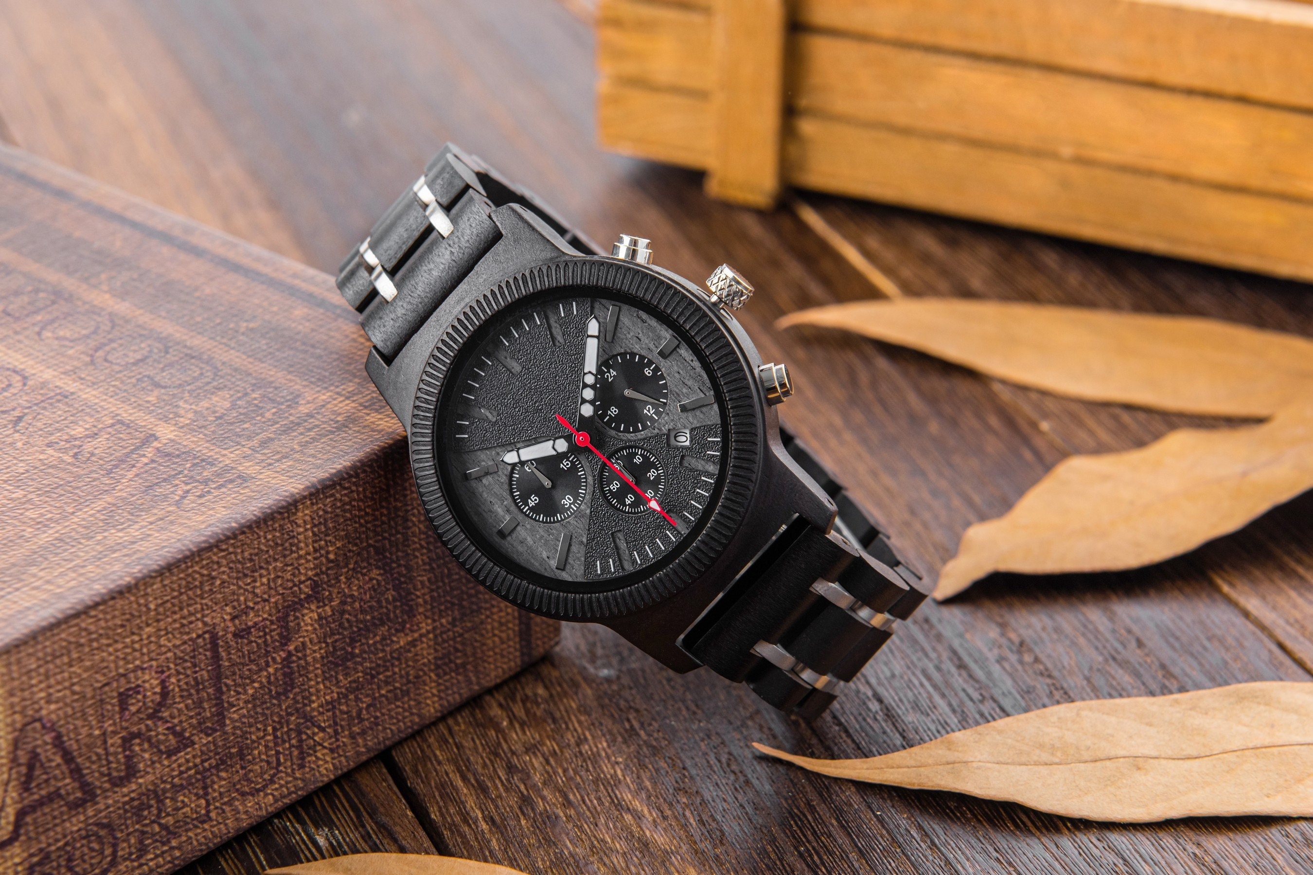 Wood Watch for Men Custom Engraved Wooden Watch Chronograph Men's Wristwatch Christmas Birthday Anniversary Gift for Him Husband Boyfriend