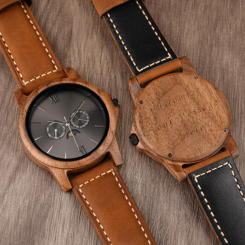 Montre en bois, montre pour homme personnalisée, montre en noyer avec bracelet en cuir, montre d'anniversaire pour lui, phase de lune image 5