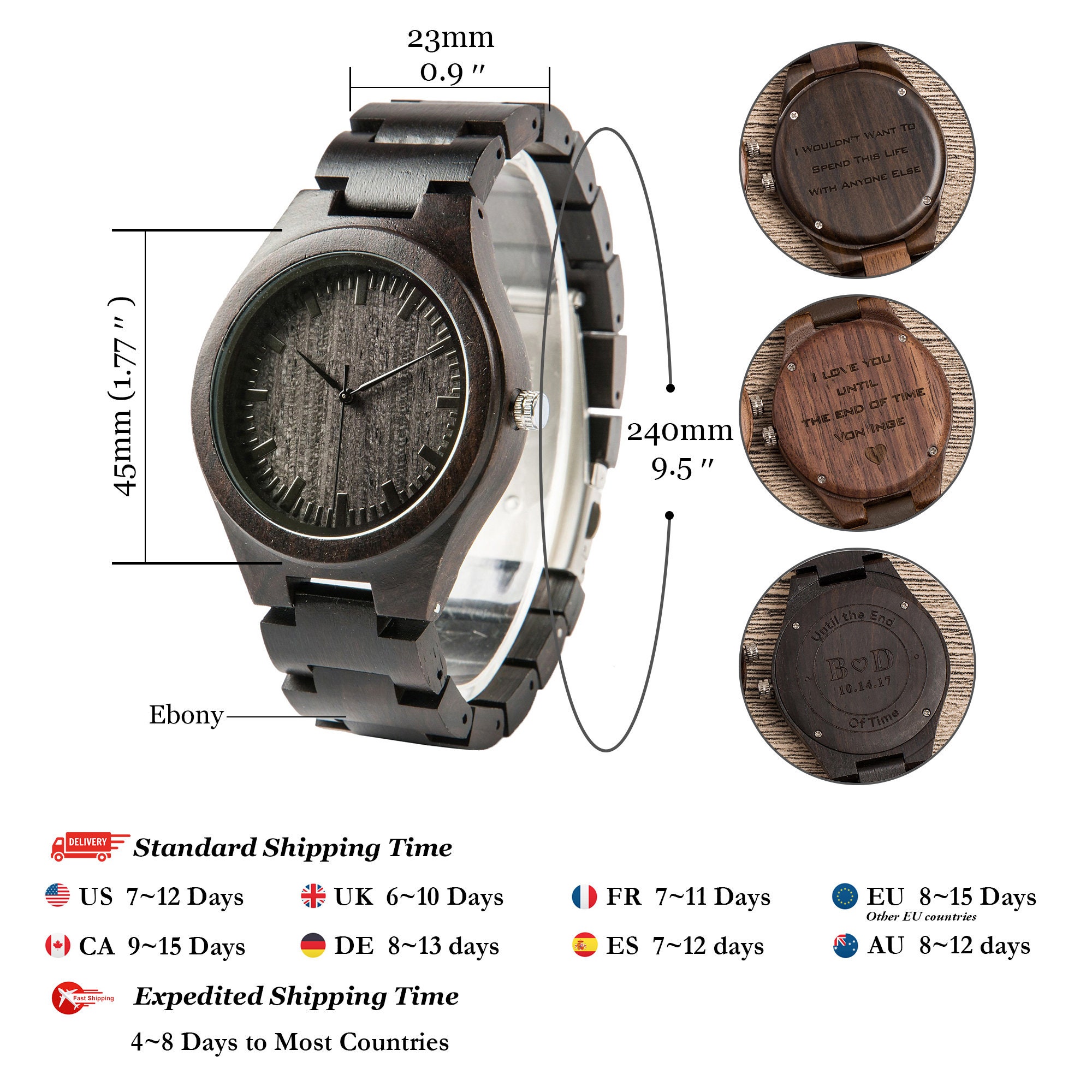 Engraved Watch Wooden Watch Custom Men's Watch Ebony Etsy