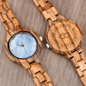 Engraved Wood Watch for Women Mother's Day Gift Anniversary Gift for Wife Personalized Wood Watch for Her Zebra Analog Wooden Wristwatch image 4