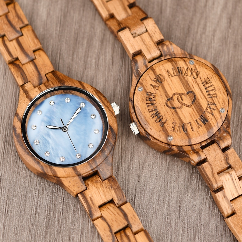 Engraved Wood Watch for Women Mother's Day Gift Anniversary Gift for Wife Personalized Wood Watch for Her Zebra Analog Wooden Wristwatch image 4