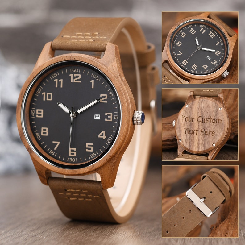 Reloj de madera para hombres, regalo de aniversario para él, reloj de madera grabado, reloj personalizado, regalo de cumpleaños, regalo para papá marido, regalo de padrino imagen 3